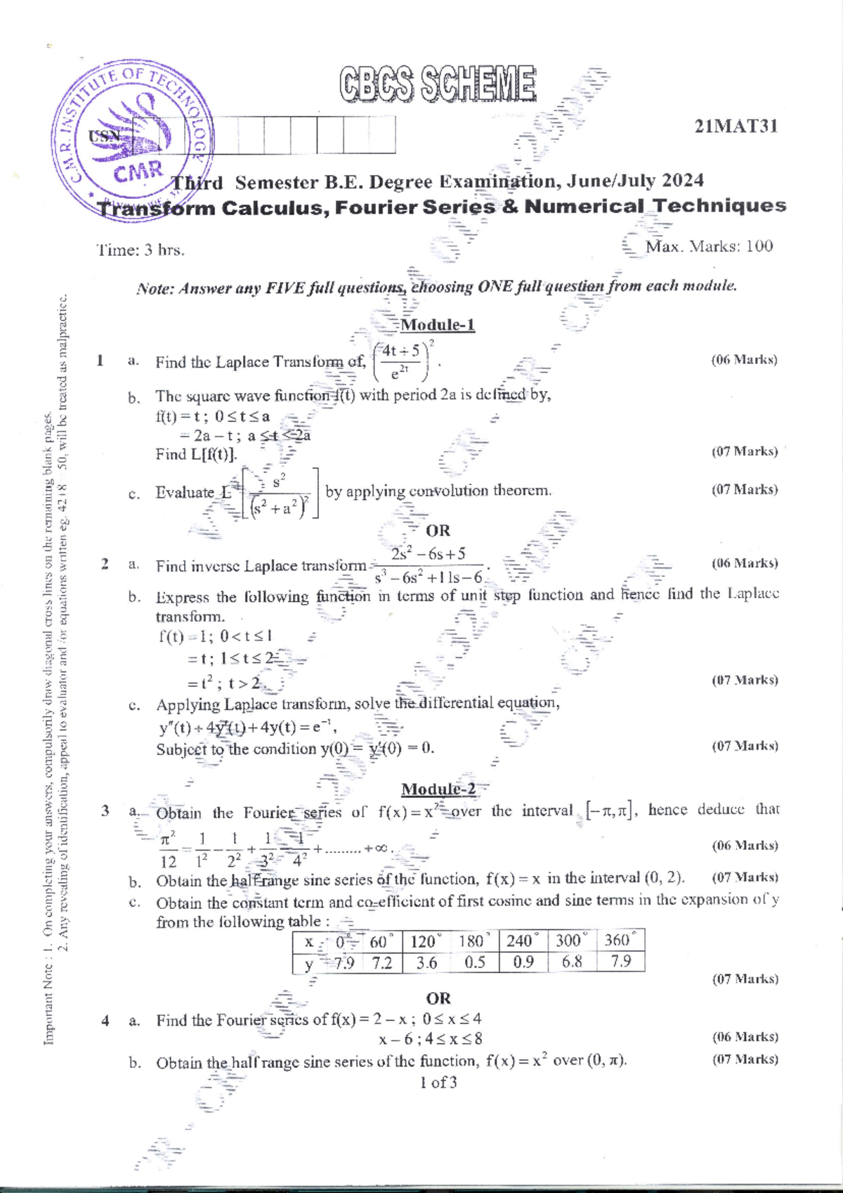 VTU 18MAT31 Transform Calculus, Fourier Series & Numerical Techniques ...