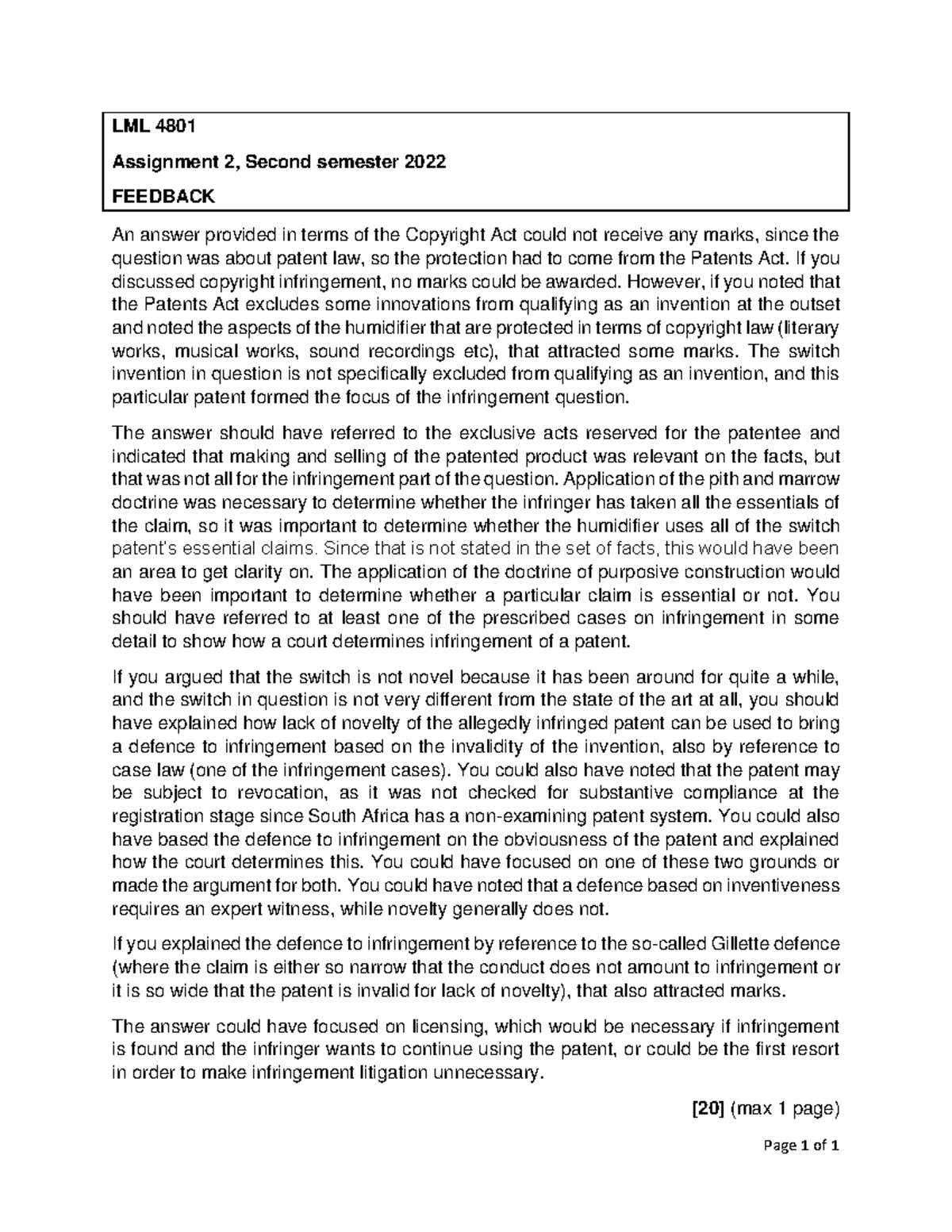 LML 4801 S2 2022 Assignment 2 Feedback on Patent Law Analysis - Studocu