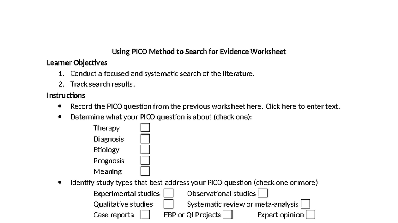 Using PICO Method for Evidence Search Worksheet - Studocu
