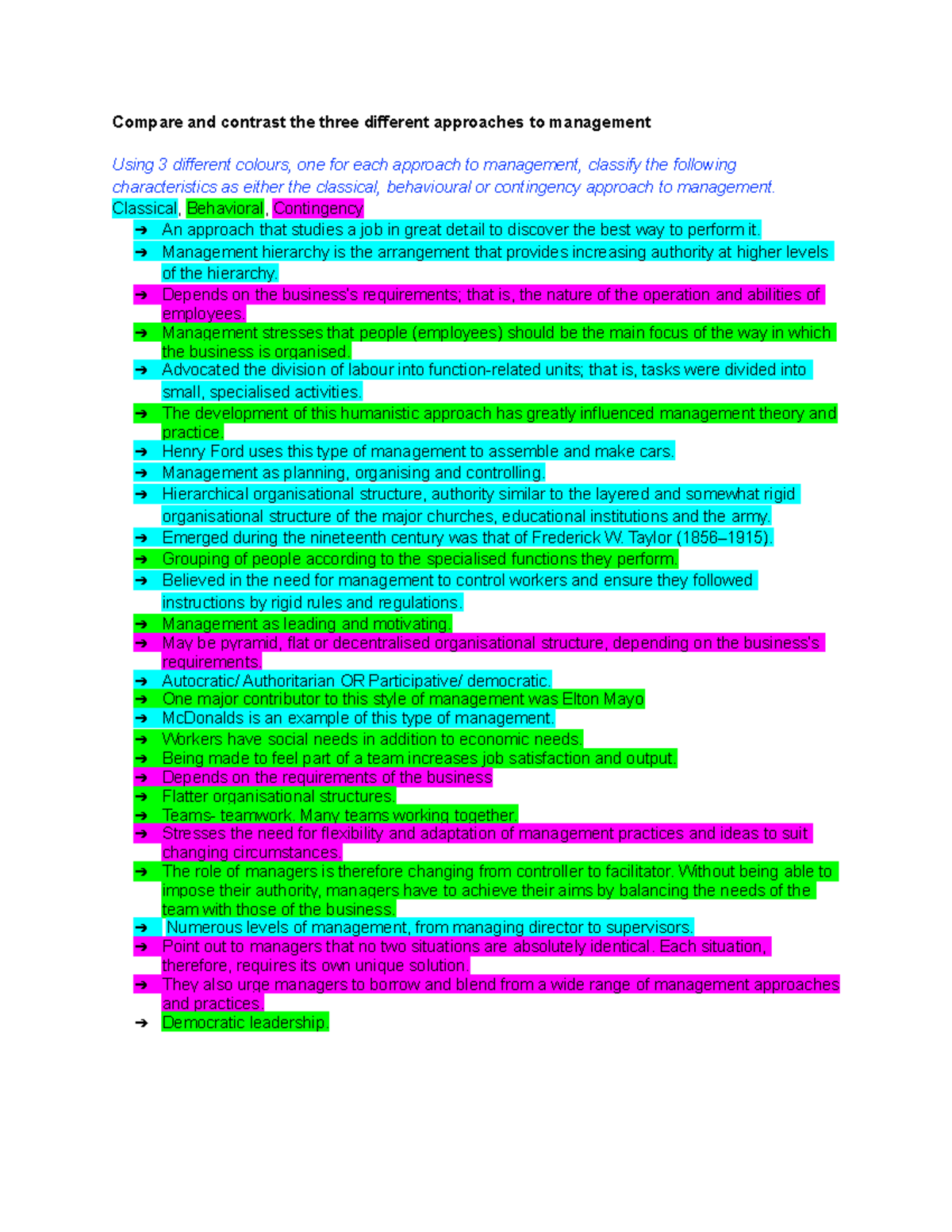 Management Approaches- Compare and Contrast - Compare and contrast the ...