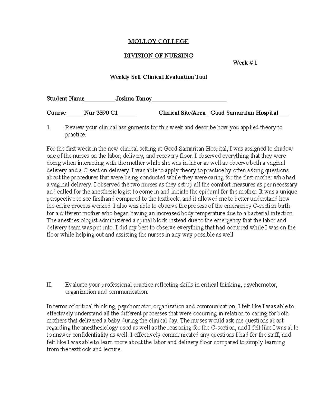 Weekly Clinical Evaluation Tool - MOLLOY COLLEGE DIVISION OF NURSING ...