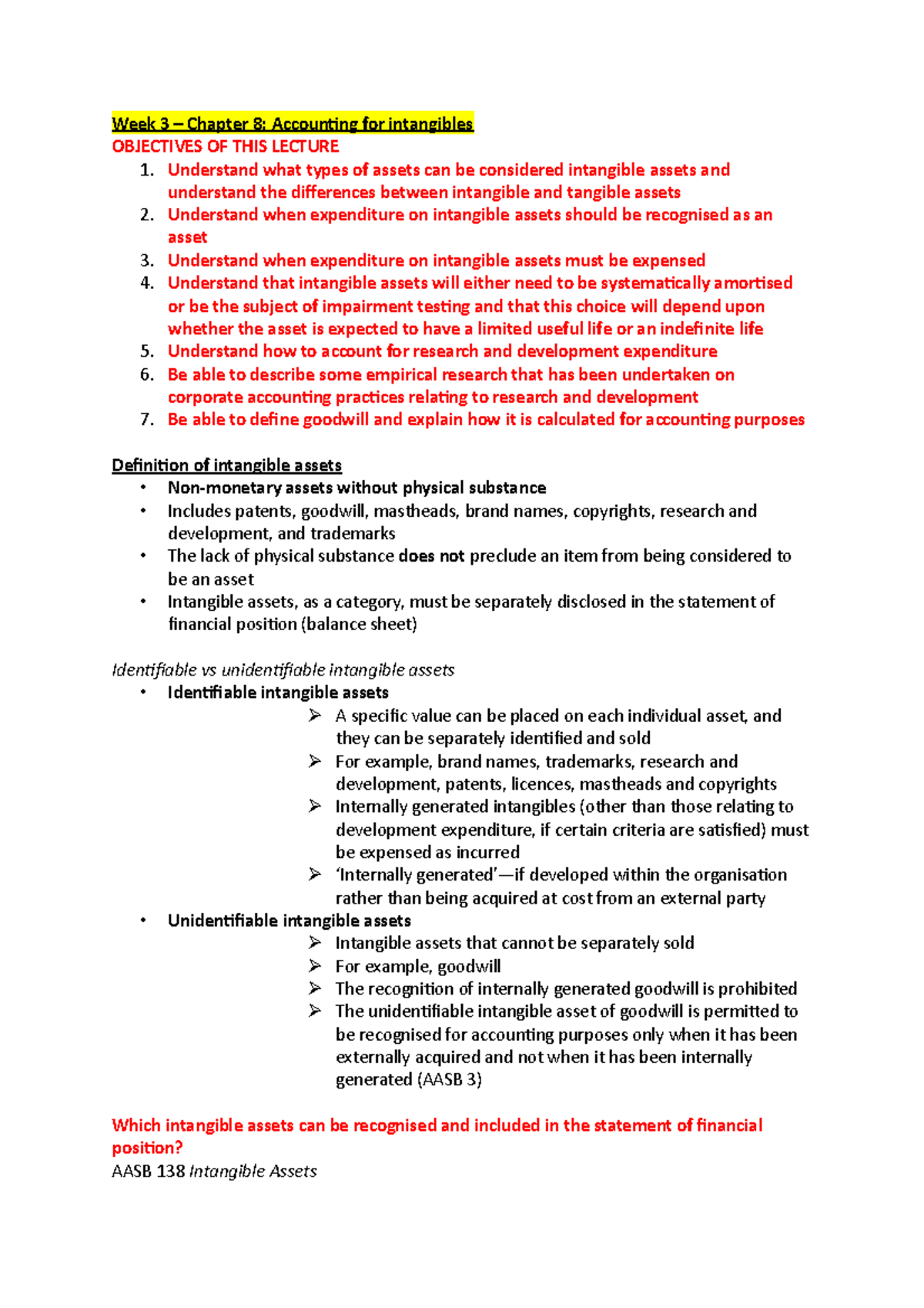 ACCT101 - Week 3 Lecture Notes: Accounting for Intangible Assets - Studocu