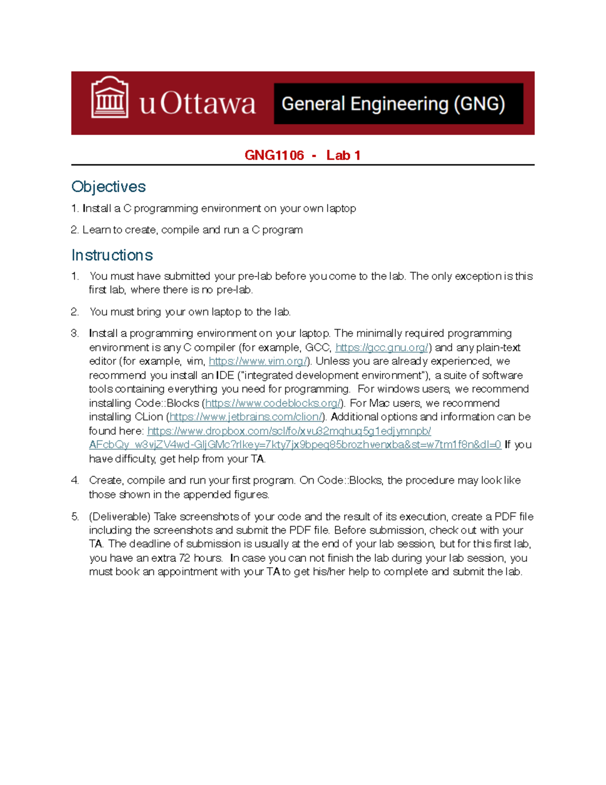 GNG1106 - Lab 1: Setting Up C Programming Environment and First Program ...