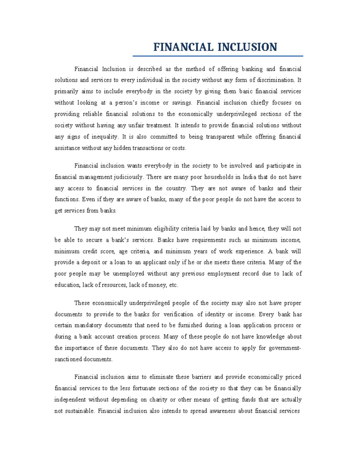 Financial inclusion - FINANCIAL INCLUSION Financial Inclusion is ...