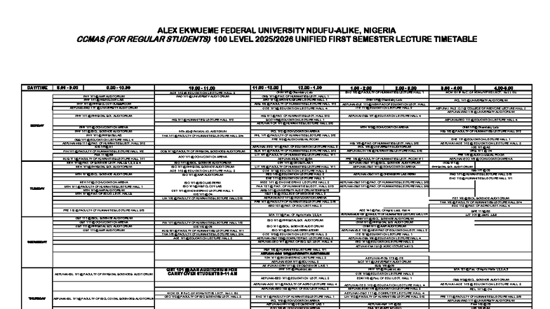 ALEX EKWUEME FEDERAL UNIVERSITY NIGERIA CCMAS 100L 1st Sem Lecture ...