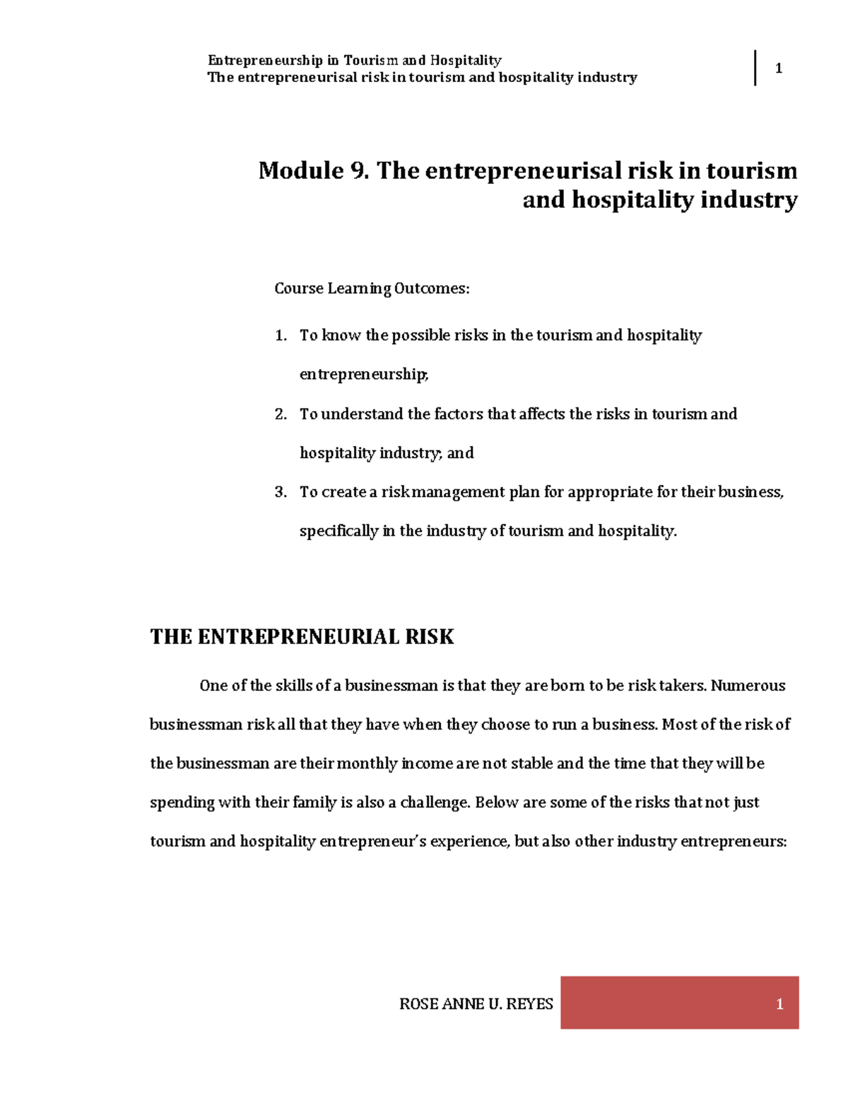 W12 Module 9 - Managing Entrepreneurial Risks in Tourism & Hospitality ...