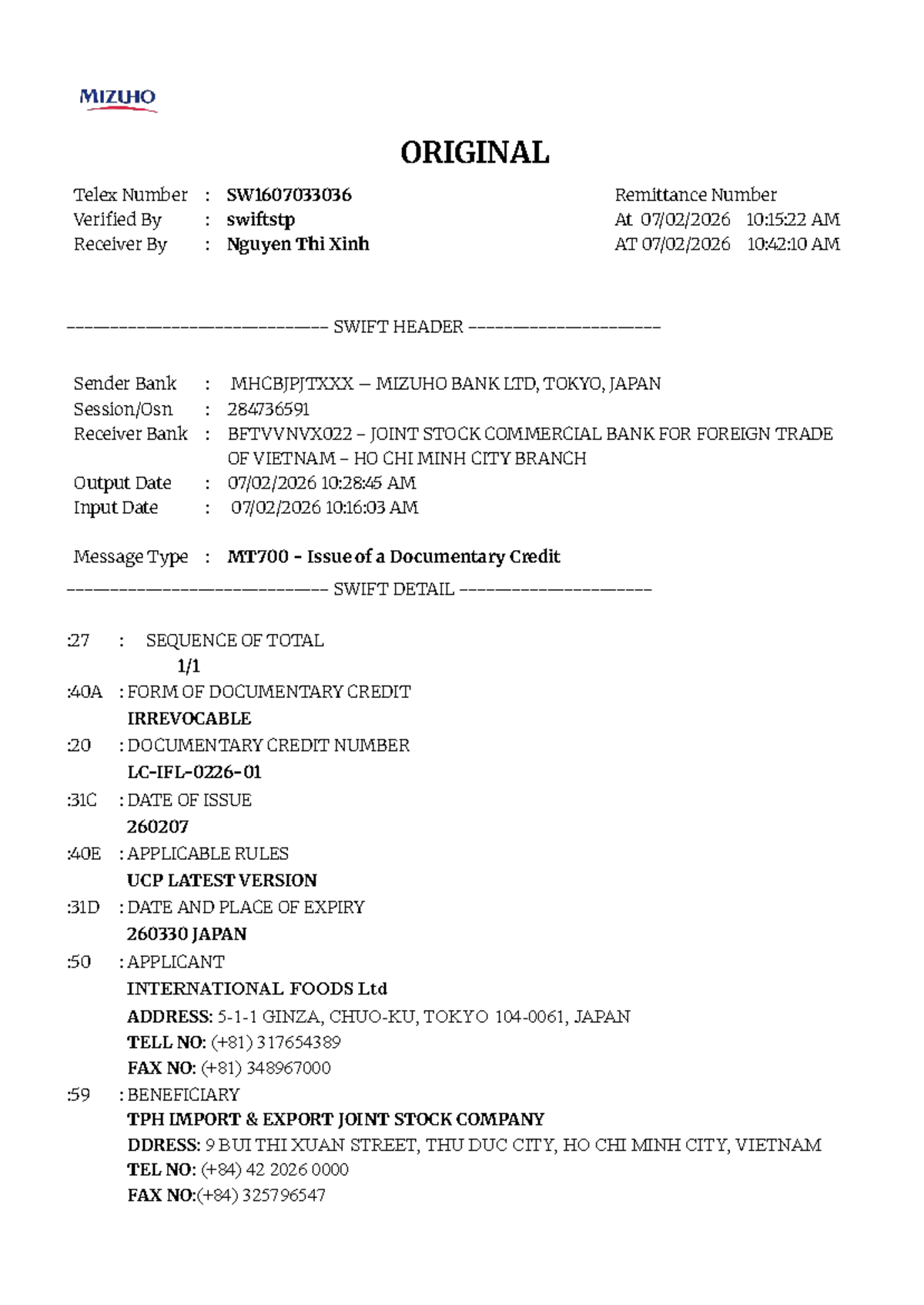 SWIFT MT700 Documentary Credit Details - LC-IFL-0226-01 - Studocu