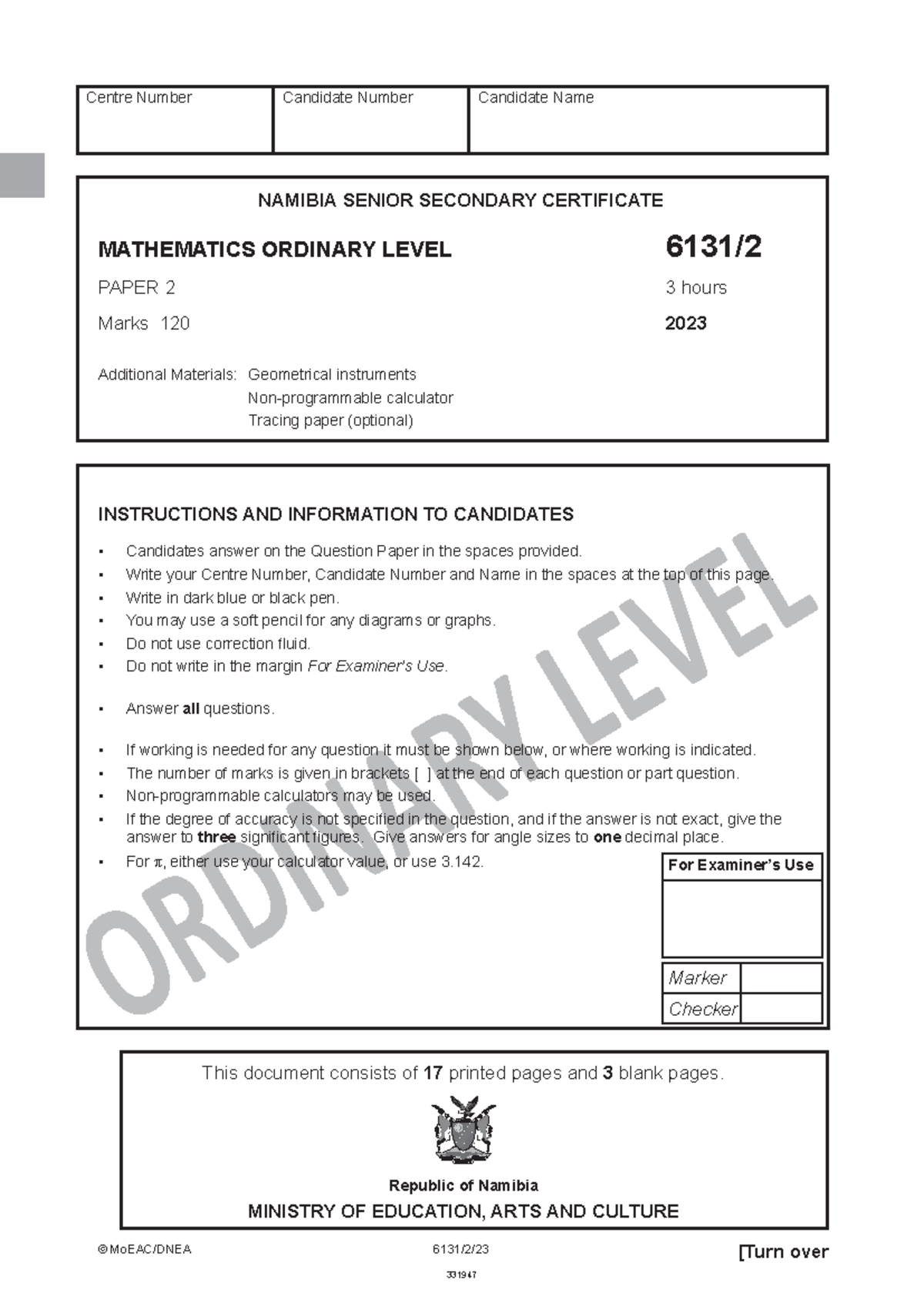 NSSC Mathematics Ordinary Level Paper 2 2023 - 6131-2 - Studocu