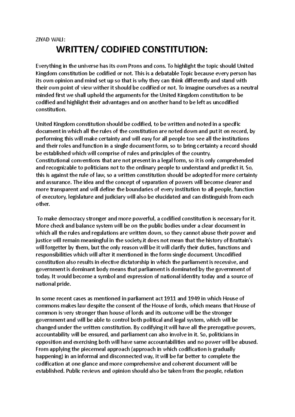 Should Uk Constitution be codified or not copy - for merge - ZIYAD WALI ...