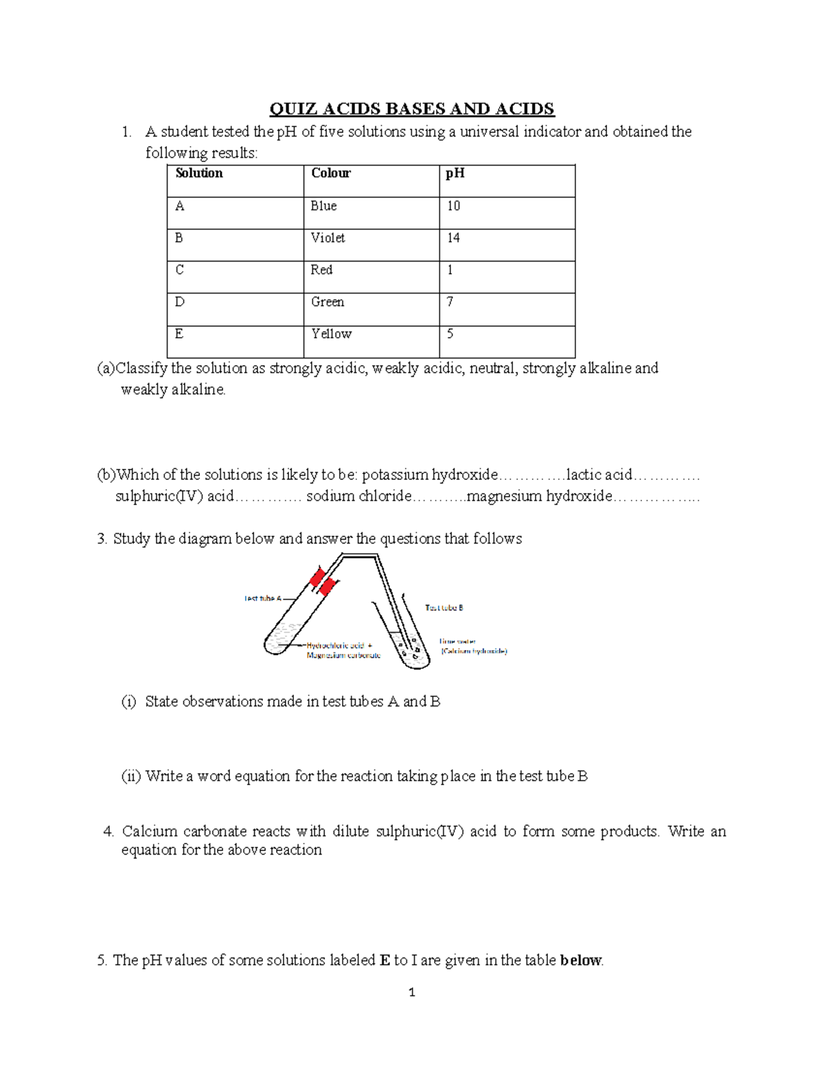 Quiz F1 acids and bases: pH testing and reactions analysis - Studocu