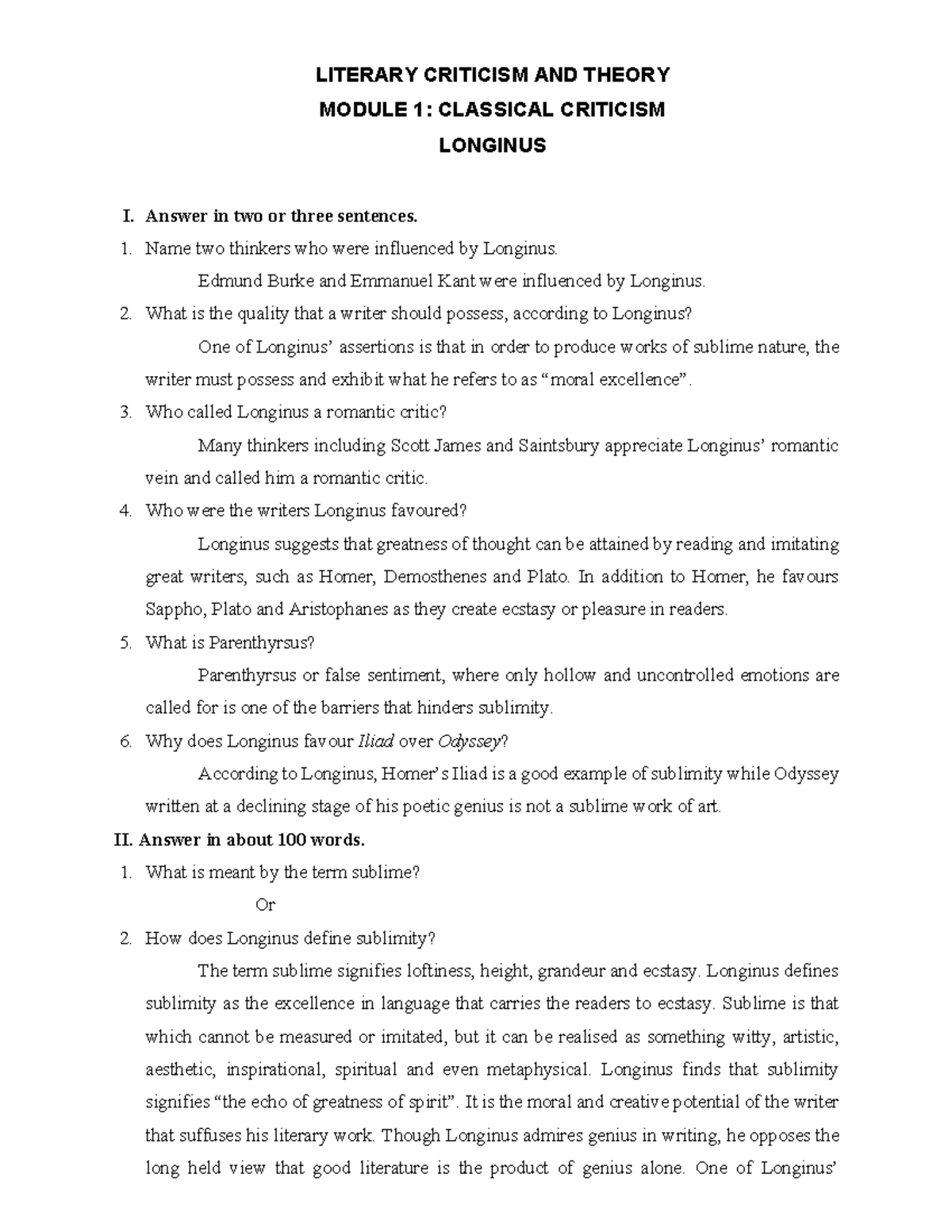 LIT CRIT & THEORY M1: LONGINUS ON SUBLIMITY AND INFLUENCE - Studocu