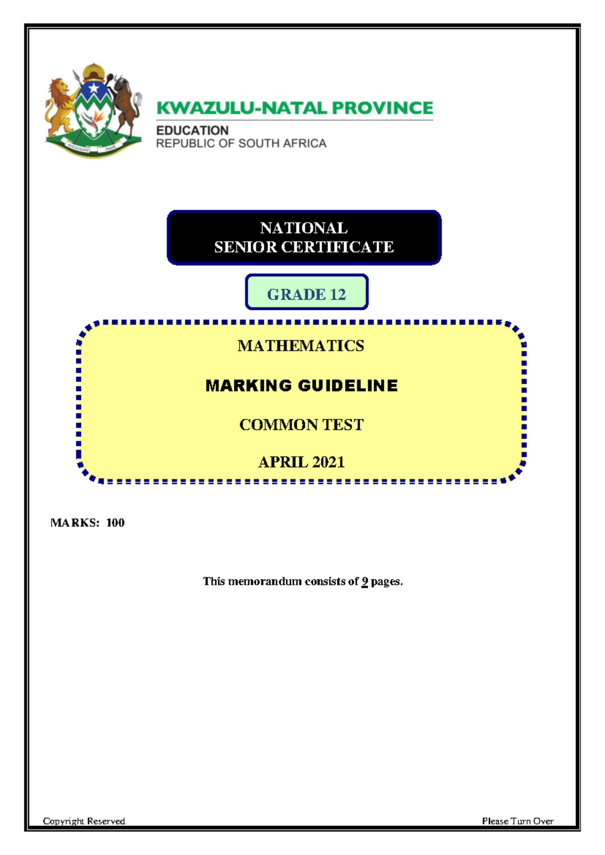 NATIONAL SENIOR CERTIFICATE GRADE 12 MATHEMATICS MARKING GUIDELINE ...