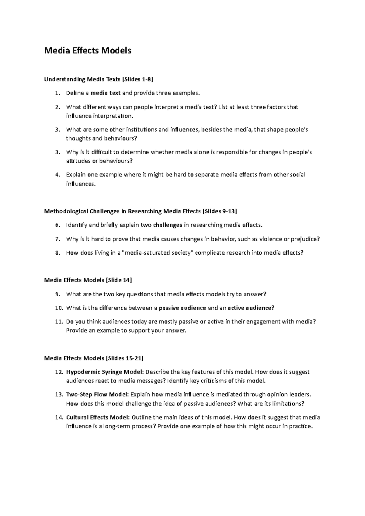 Media Effects Models Worksheet: Understanding Media Influence and ...