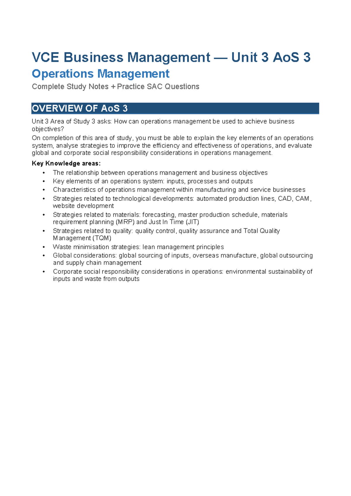 BM Unit 3 AoS 3 Operations Management Study Notes & SAC Questions - Studocu