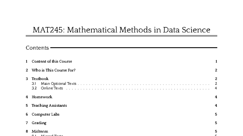 MAT245: Syllabus for Mathematical Methods in Data Science - Studocu
