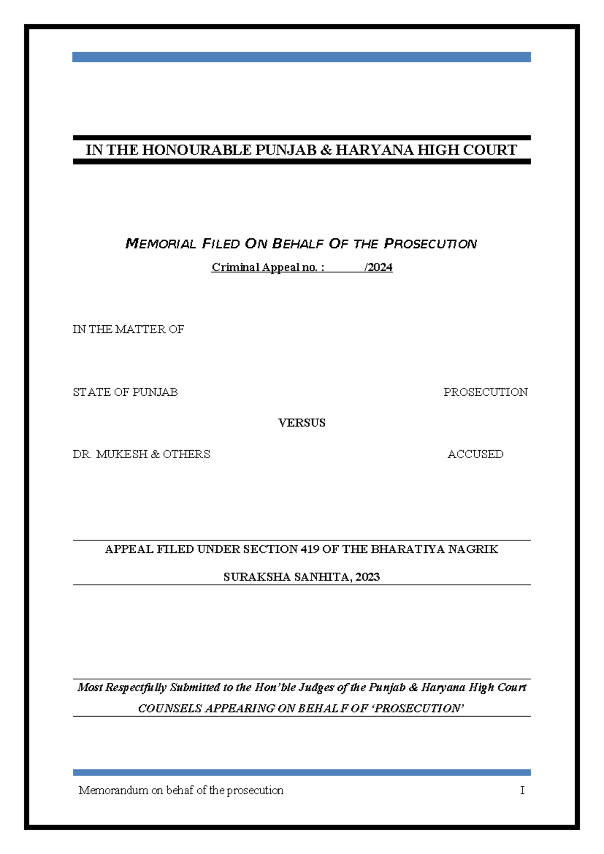 Criminal Appeal No. 419/2023: Prosecution Memorandum for State vs. Dr ...