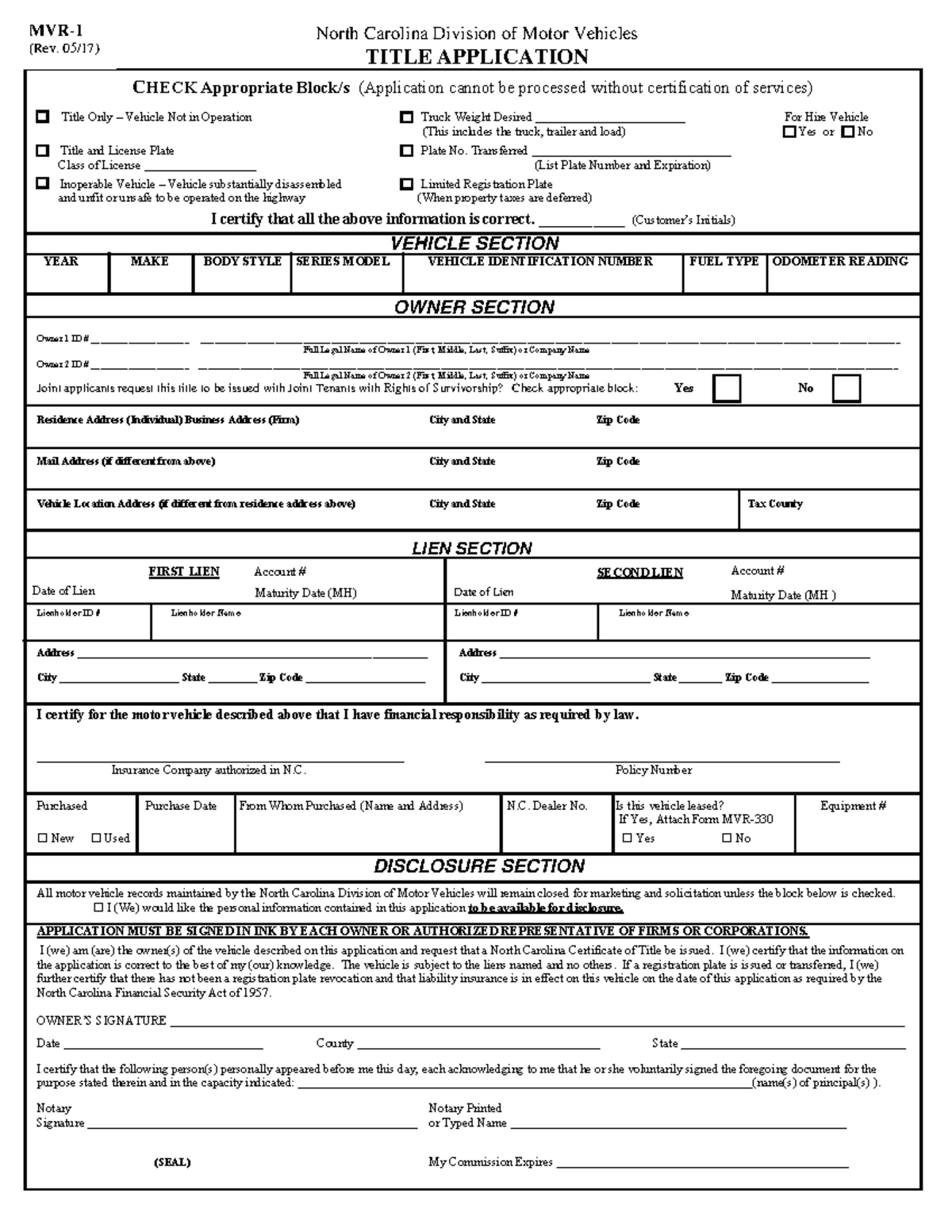 North Carolina DMV Title Application Form MVR-1 Instructions - Studocu