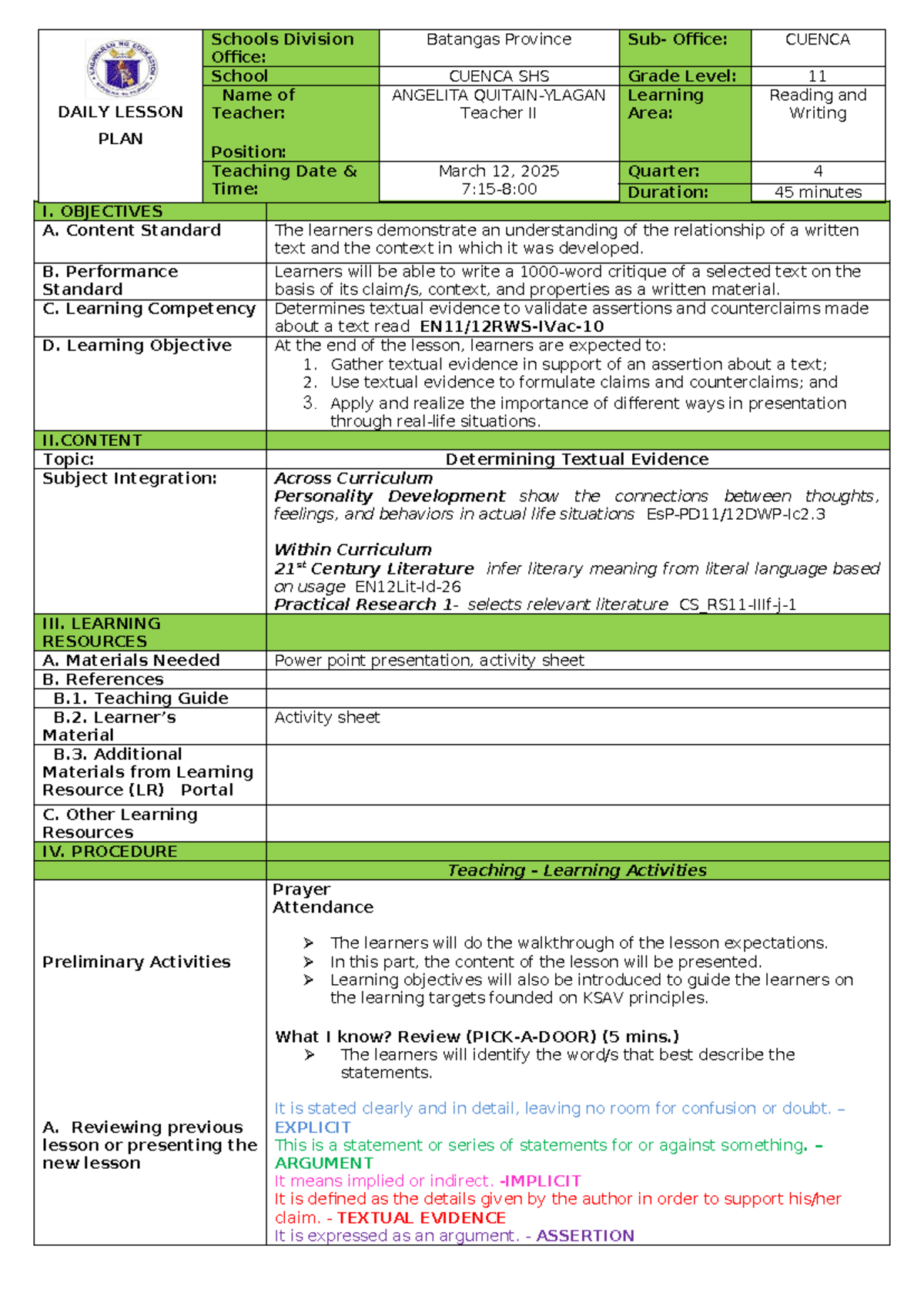 LP-COT-11 English Lesson Plan: Formulating Evaluative Textual Evidence ...