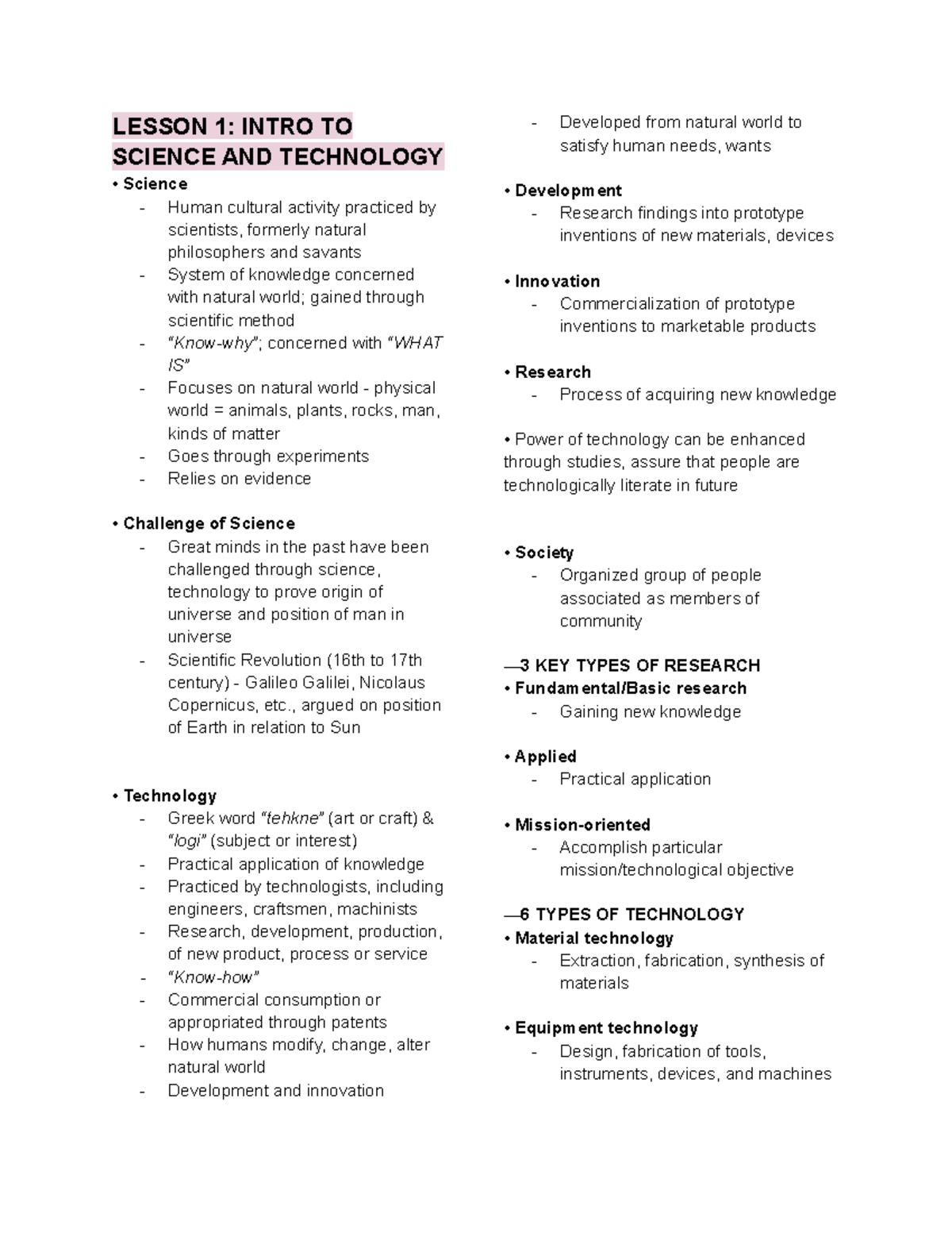 STAS211 - LECTURE NOTES: INTRODUCTION TO SCIENCE AND TECHNOLOGY - Studocu