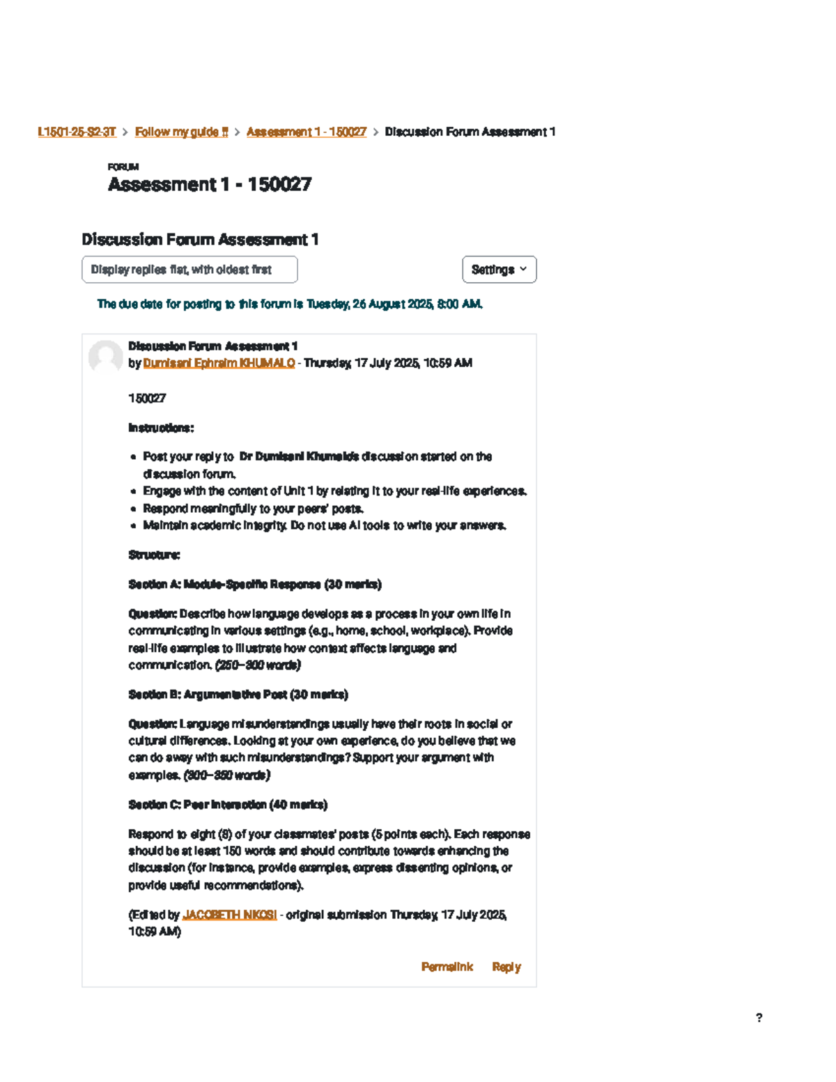 AFL1501-25-S2-3T Discussion Forum Assessment 1: Language Development ...