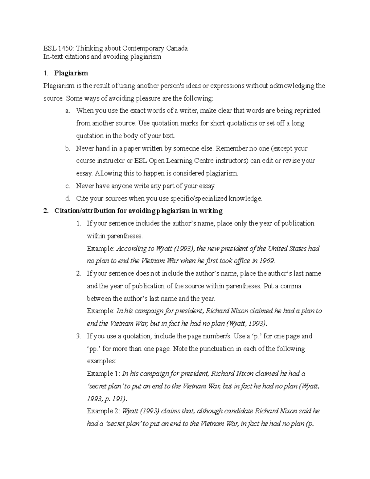 ESL 1450: Avoiding Plagiarism in Academic Writing Techniques - Studocu