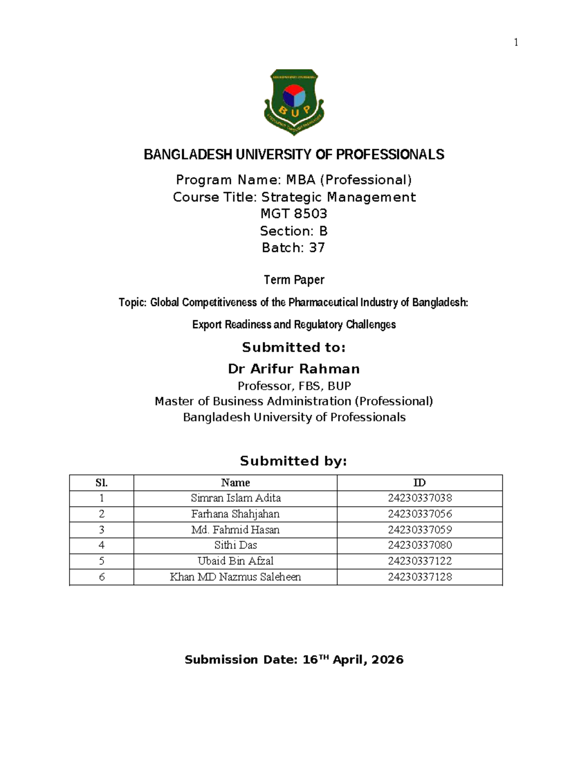 MGT 8503 Term Paper: Global Competitiveness of Bangladesh's Pharma ...