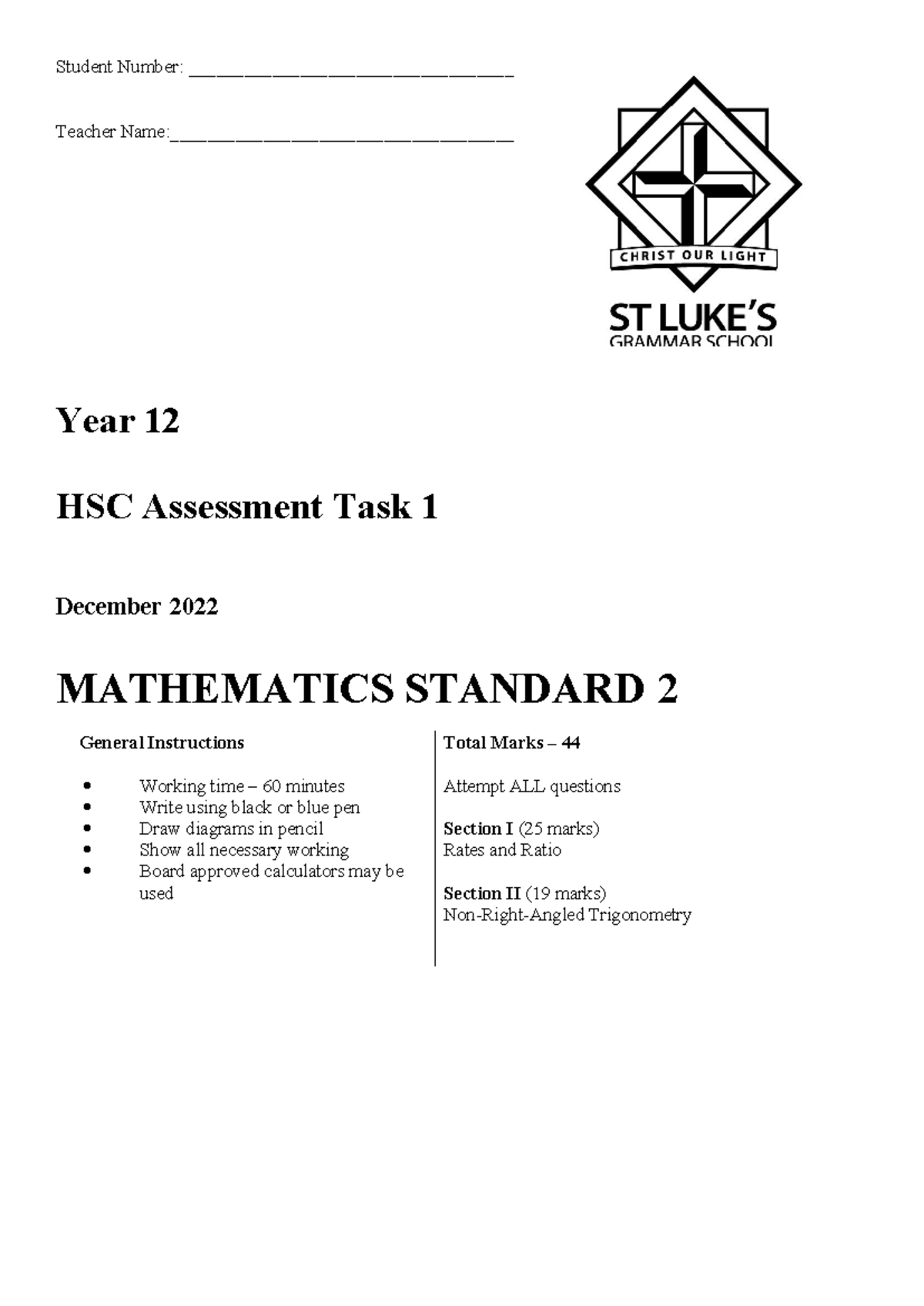 2023 12MS2 HSC Assessment Task 1 Practice Test - Mathematics Standard 2 ...