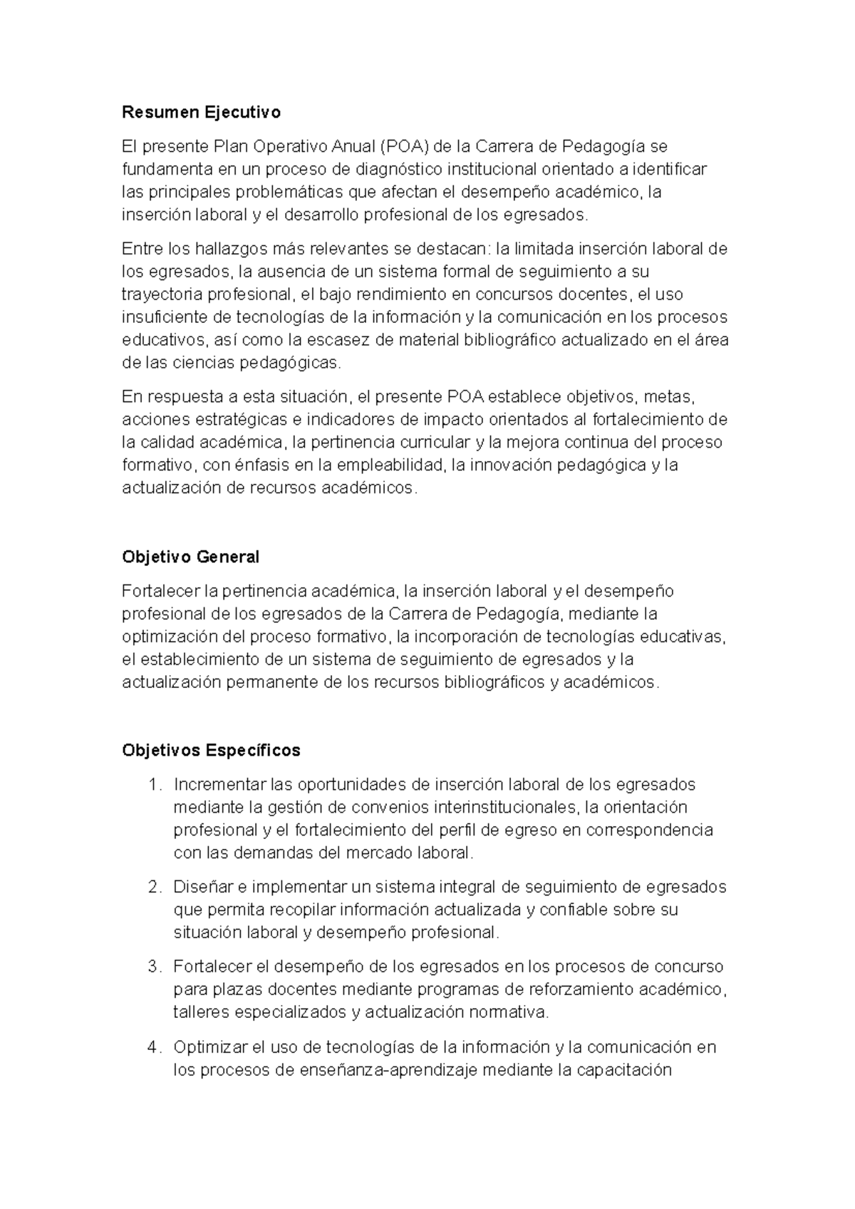 POA 2023: Plan Operativo Anual para la Carrera de Pedagogía - Studocu