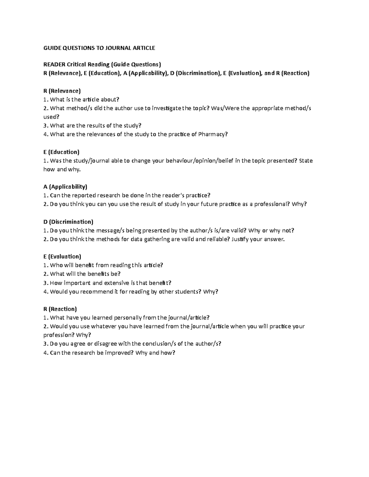 Guide Questions for Journal Article Reading: Critical Analysis Guide ...