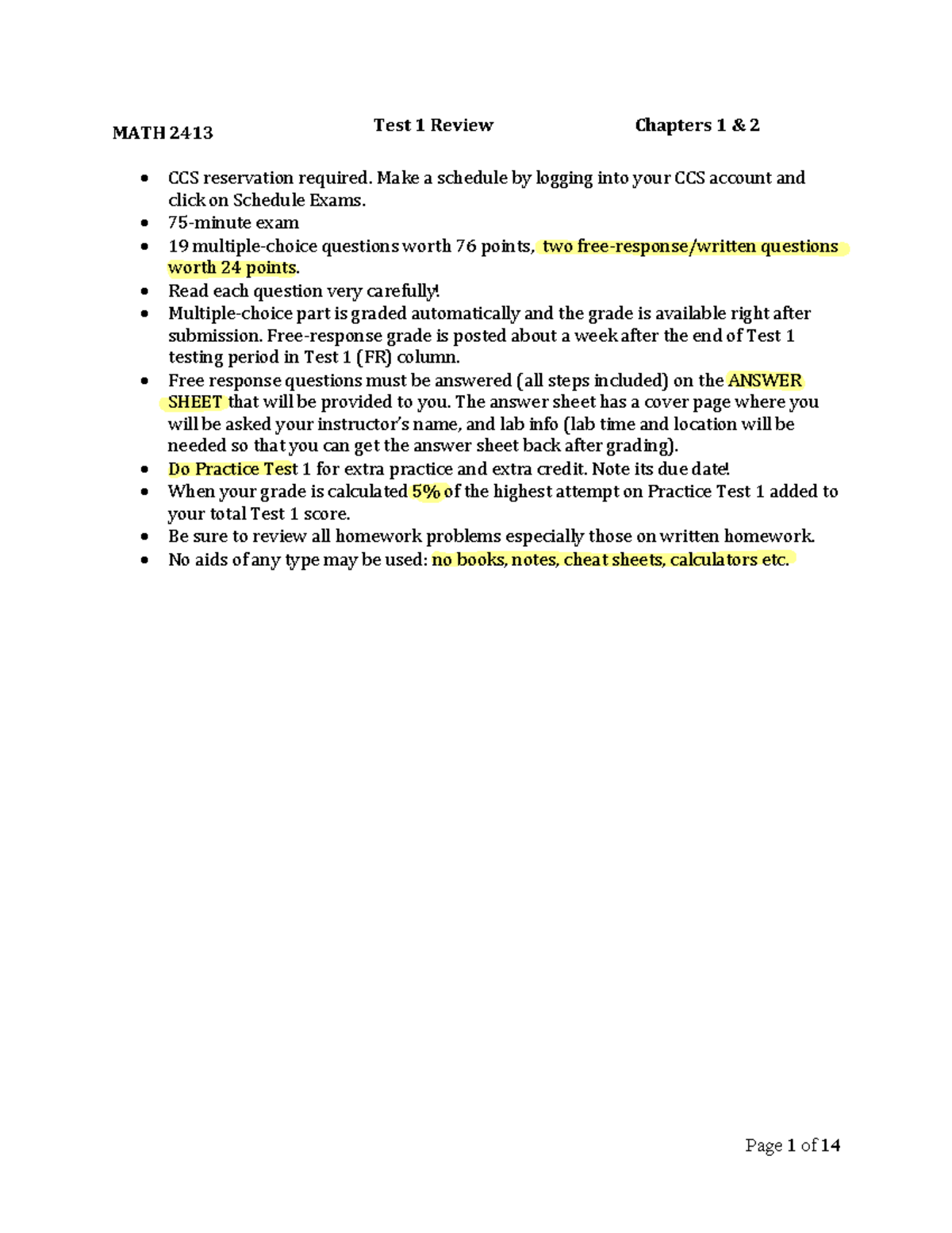MATH 2413 Test 1 Review Notes for Chapters 1 & 2 - Studocu