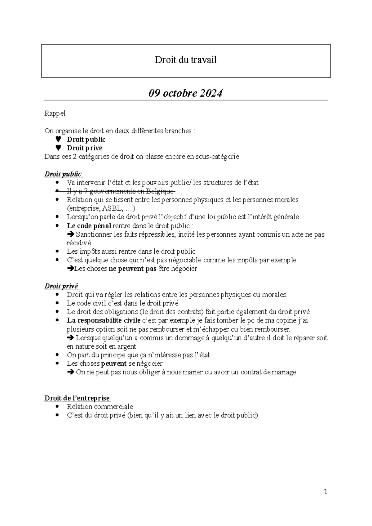 Droit du travail - Notes de cours (Droit 09/10/2024) - Studocu