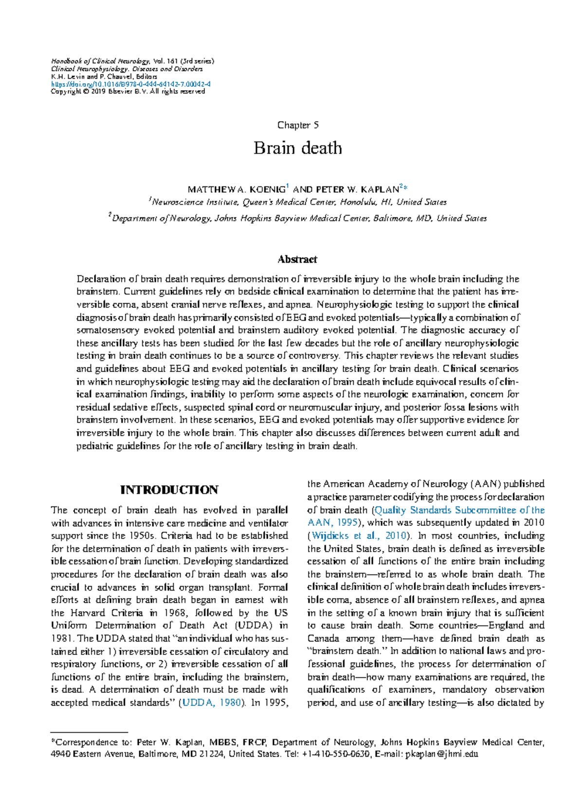 Chapter 5: Brain Death and Neurophysiologic Testing in Clinical ...