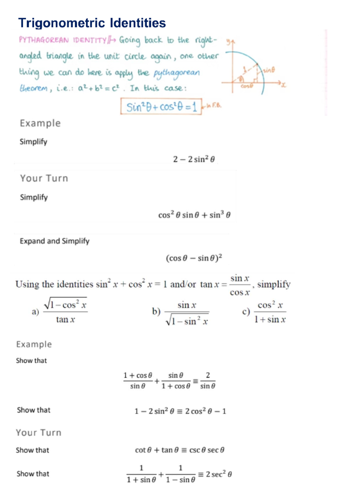 Math IB Trigonometric Identities: Pythagorean Identity Practice - Studocu