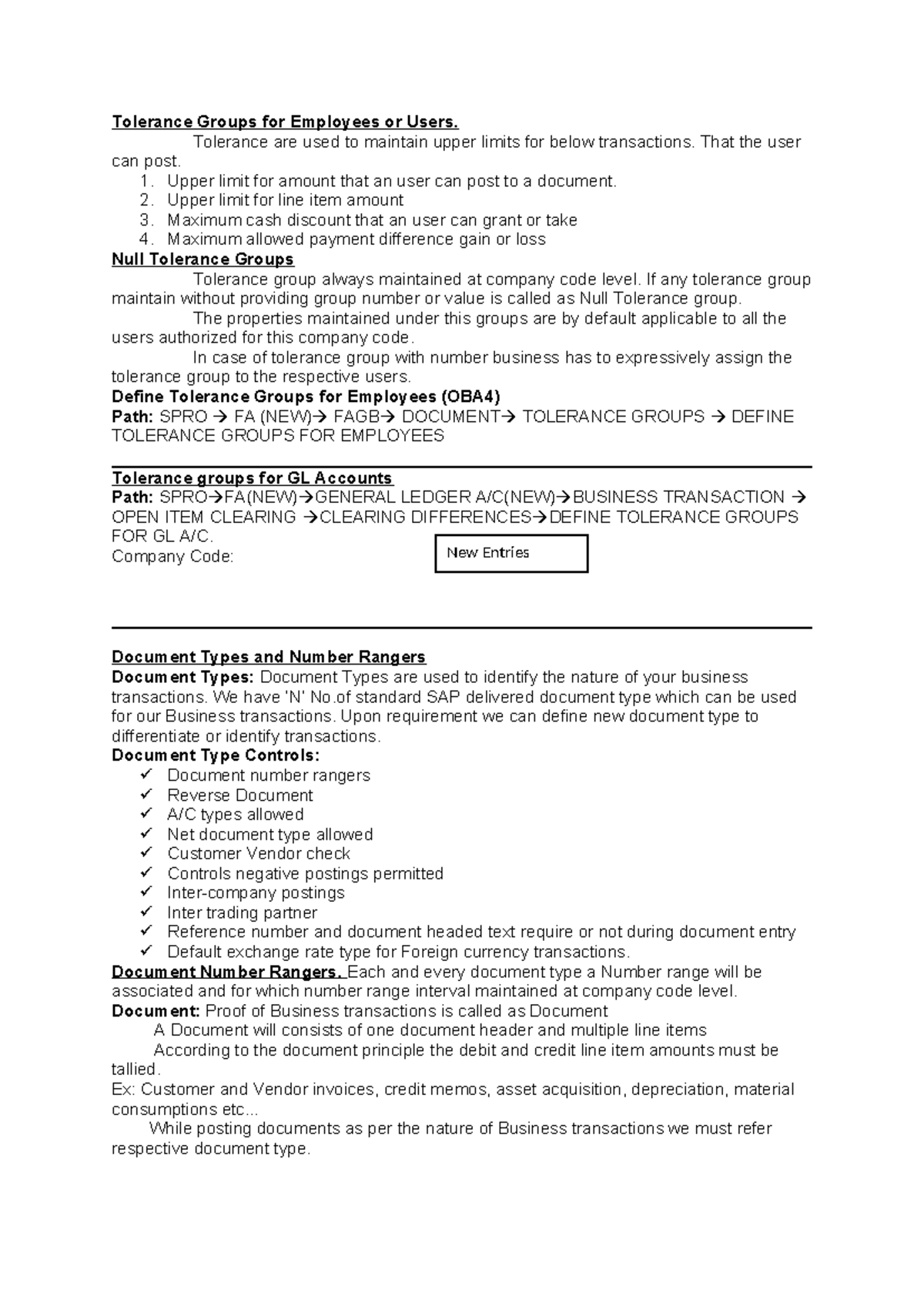 Define Tolerance Groups and Posting Keys for Employees (OBA4) - Studocu
