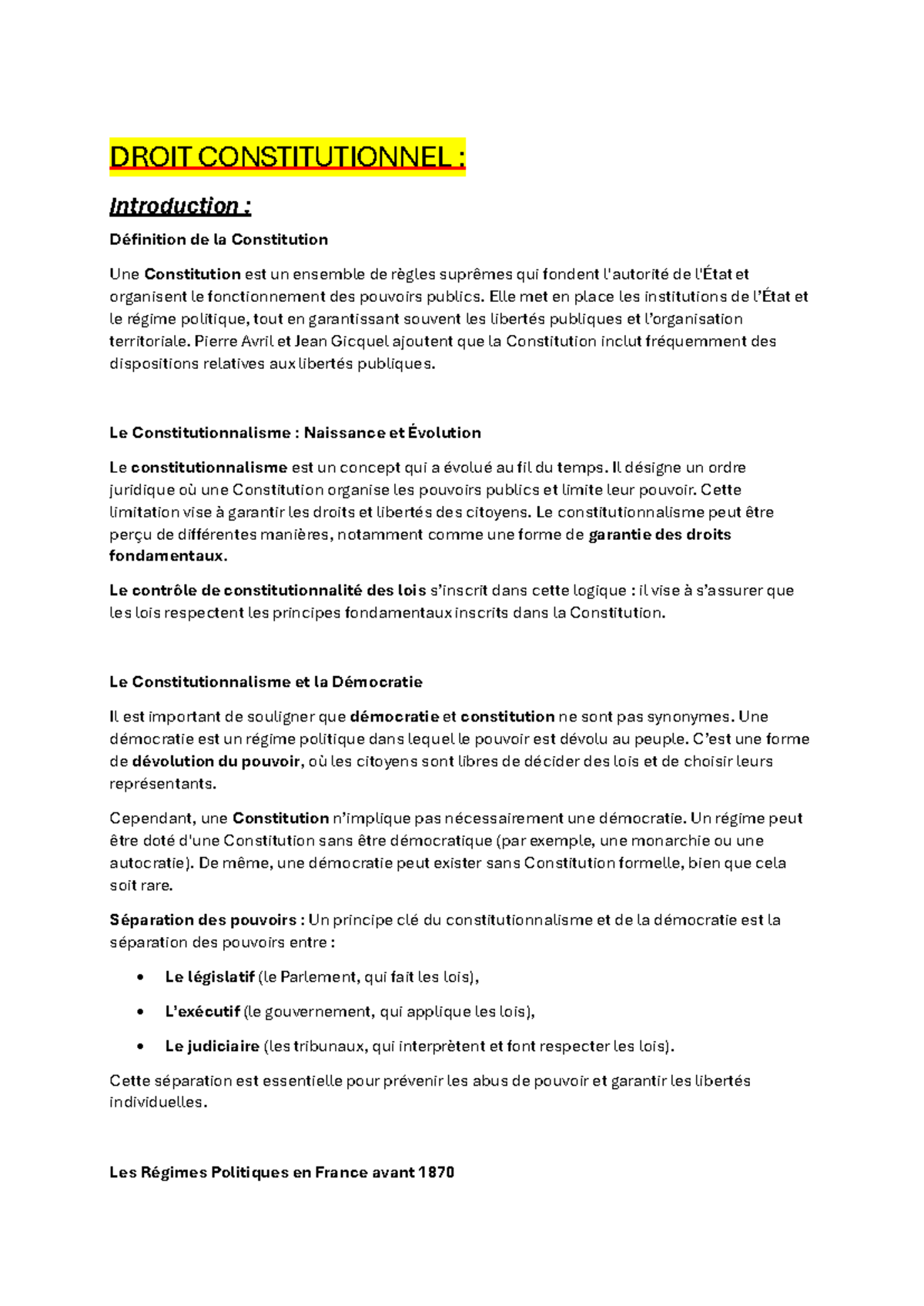 Droit constit - notes de cours - DROIT CONSTITUTIONNEL : Introduction ...