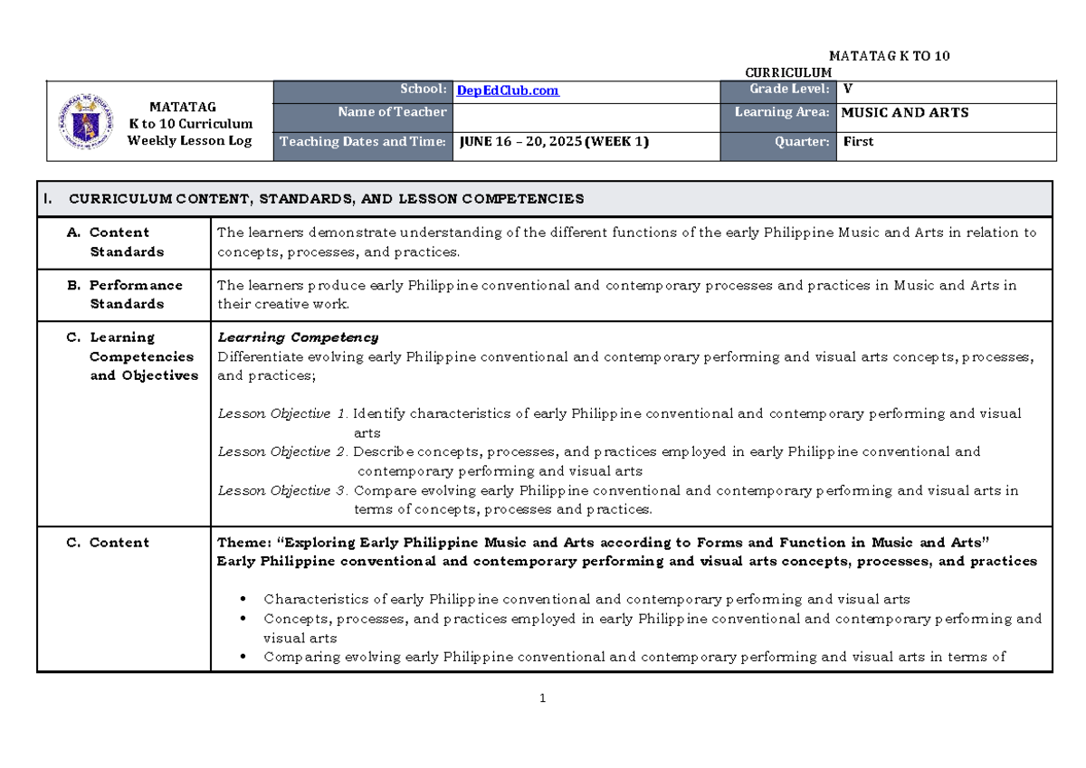 DLL MATATAG K to 10 Music & Arts Grade 5 Week 1 Lesson Log - Studocu