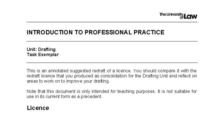 Drafting Task Exemplar: Licence Redraft for Unit 2526 IPP WS CE02 - Studocu