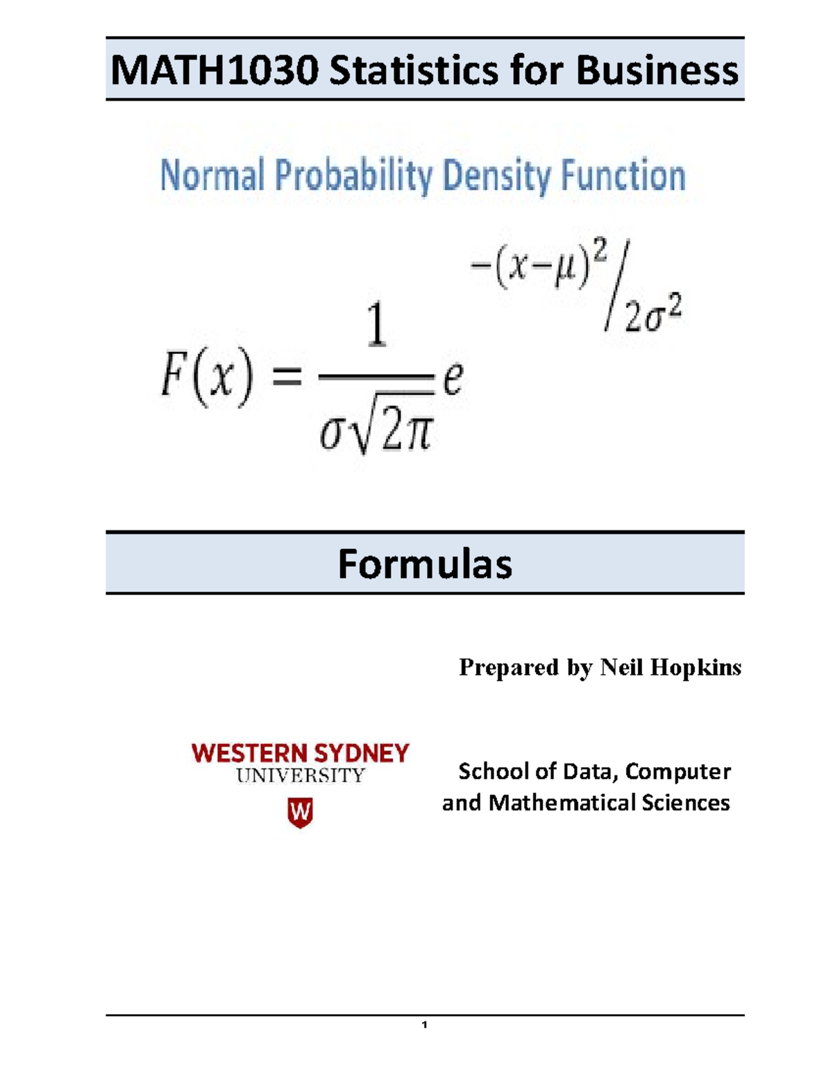 MATH1030 Final Exam Statistics for Business Formula Sheet - Studocu