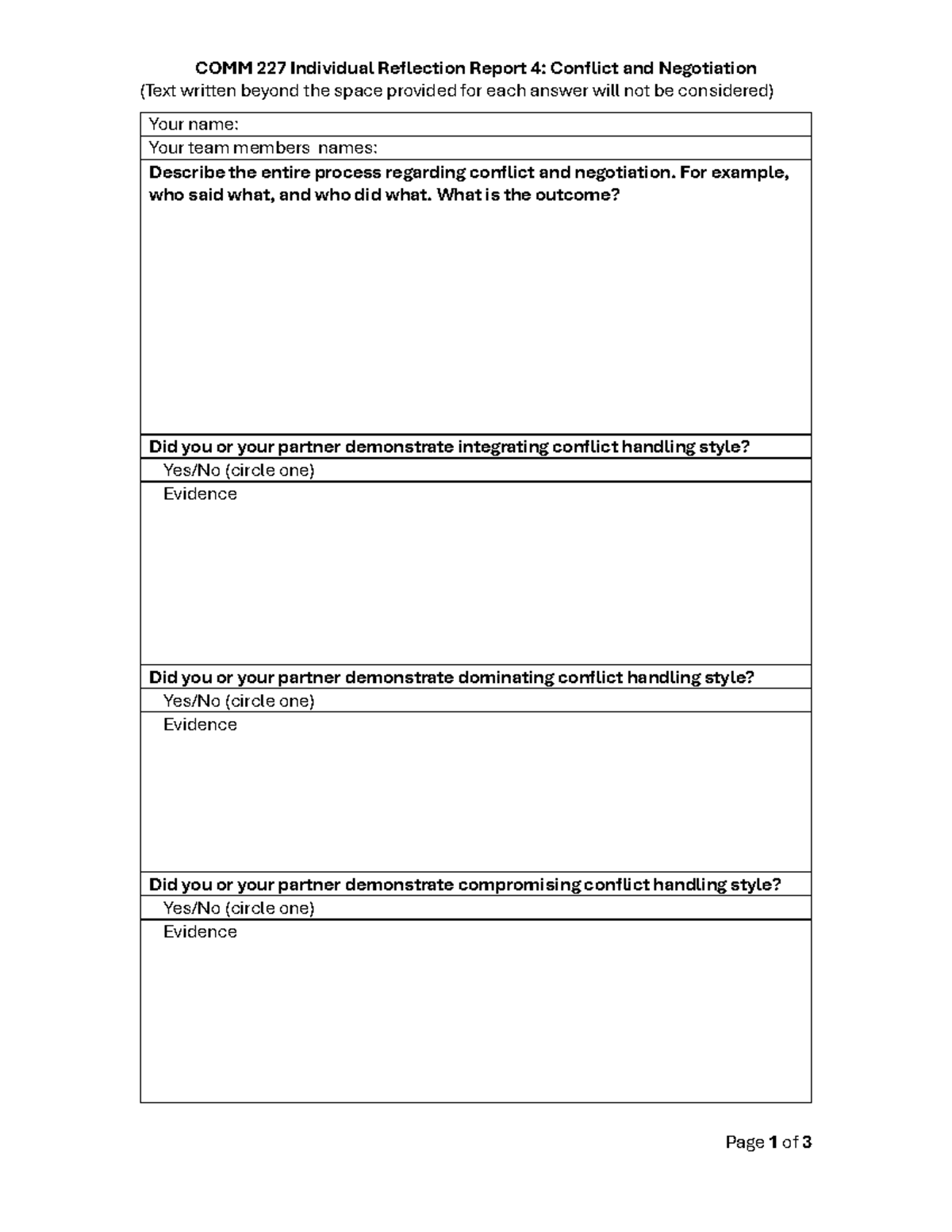 COMM 227 Individual Reflection Report 4: Conflict & Negotiation ...