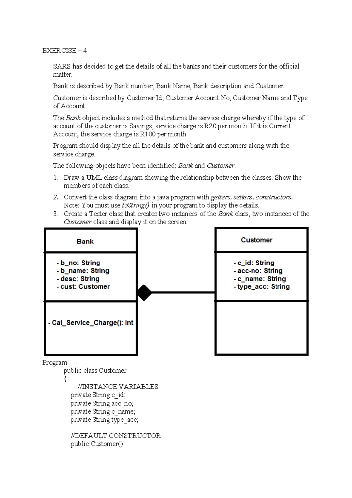 Exercise 4 - UML Class Diagram & Java Program for Bank & Customer - Studocu