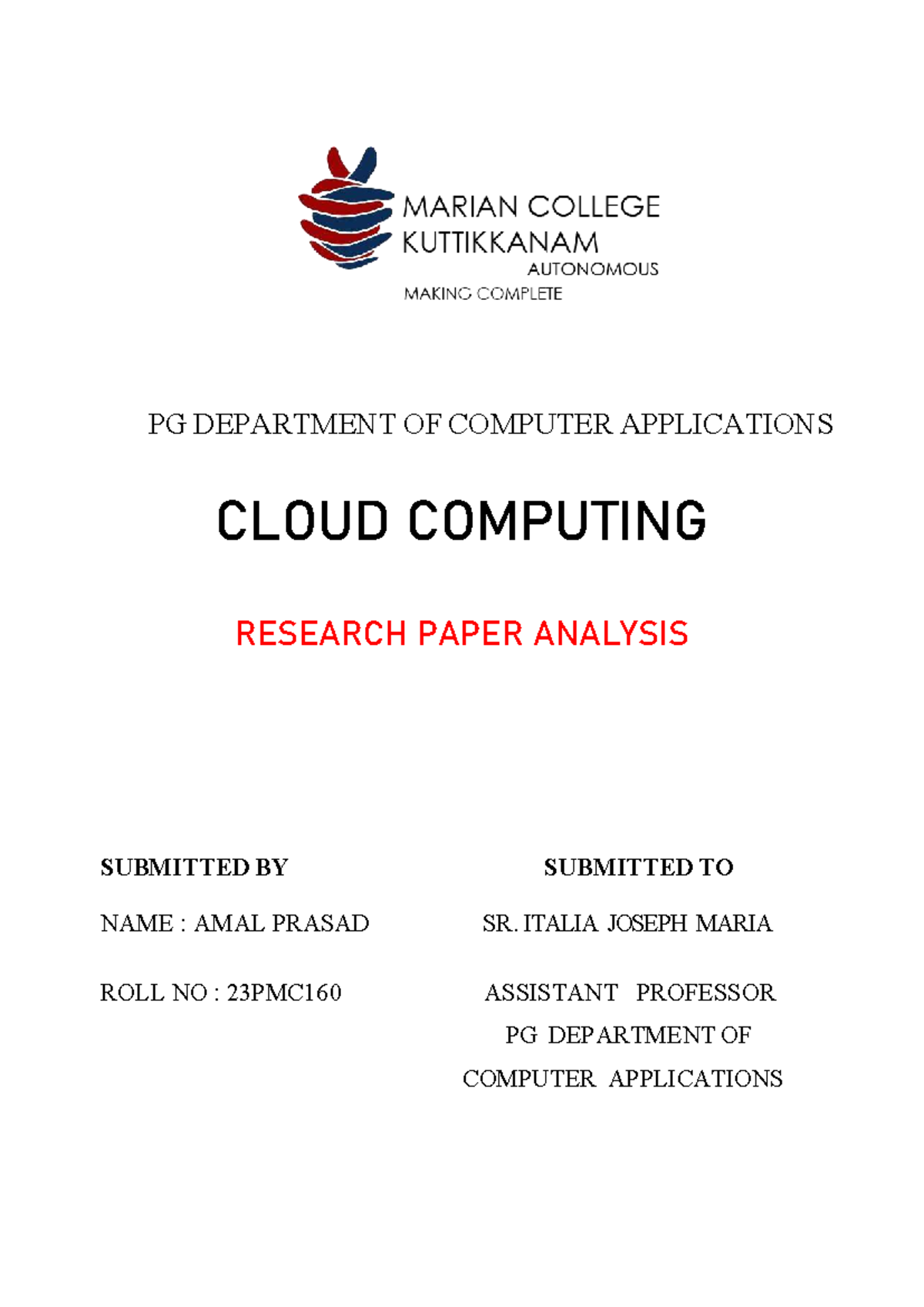 PG Computer Applications: Cloud Computing Research Paper Analysis - Studocu
