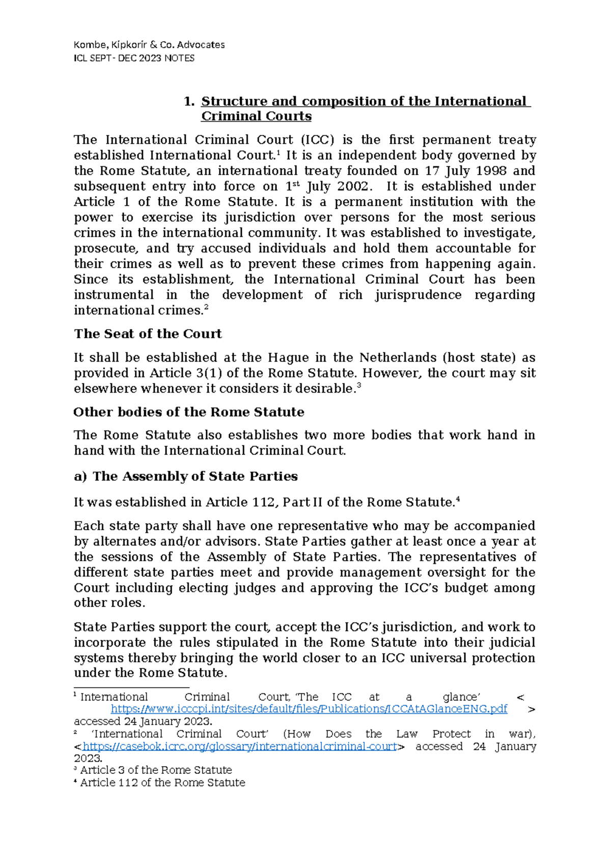 ICL 2023 Class Notes: Structure, Functions & Crimes of the ICC - Studocu