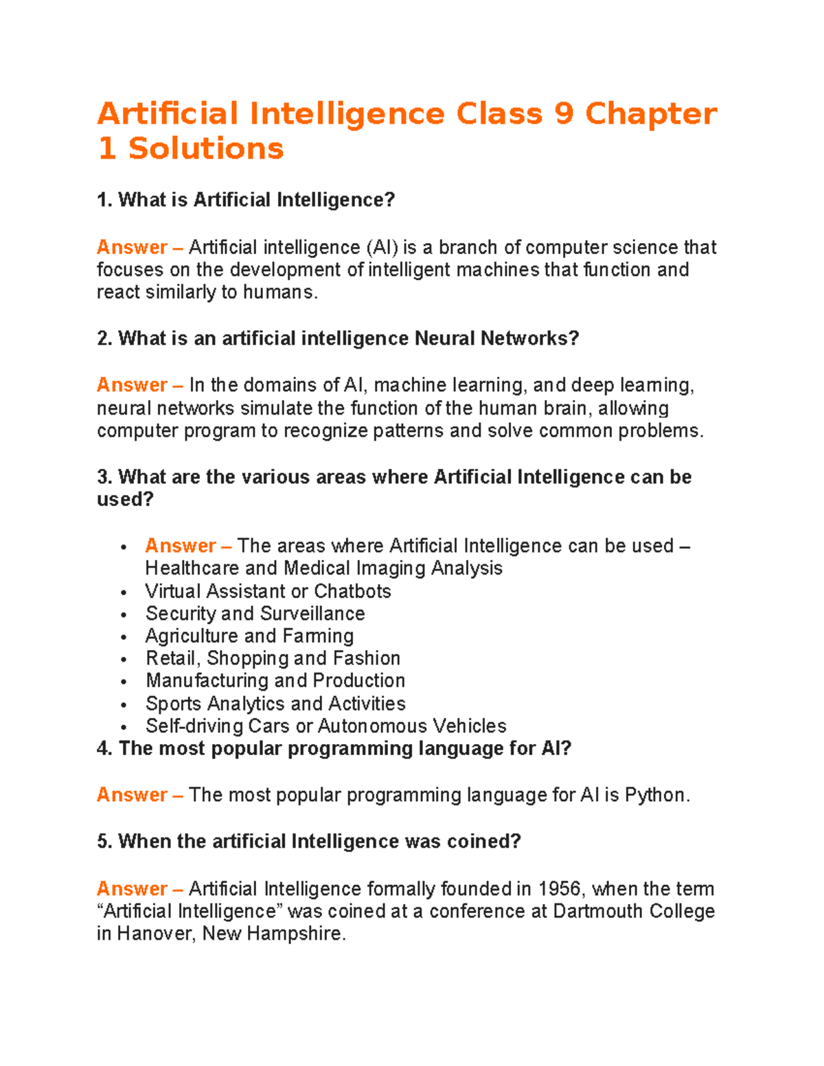 Artificial Intelligence Class 9 Chapter 1 Solutions Overview - Studocu