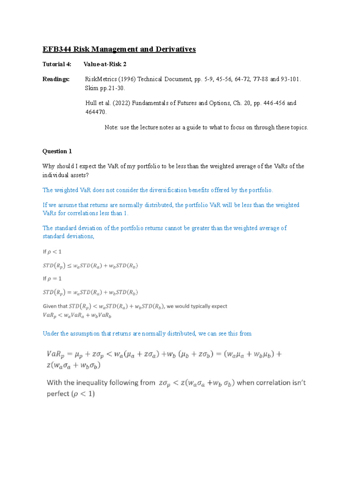 EFB344 Risk Management & Derivatives Tutorial 4 Questions Analysis ...