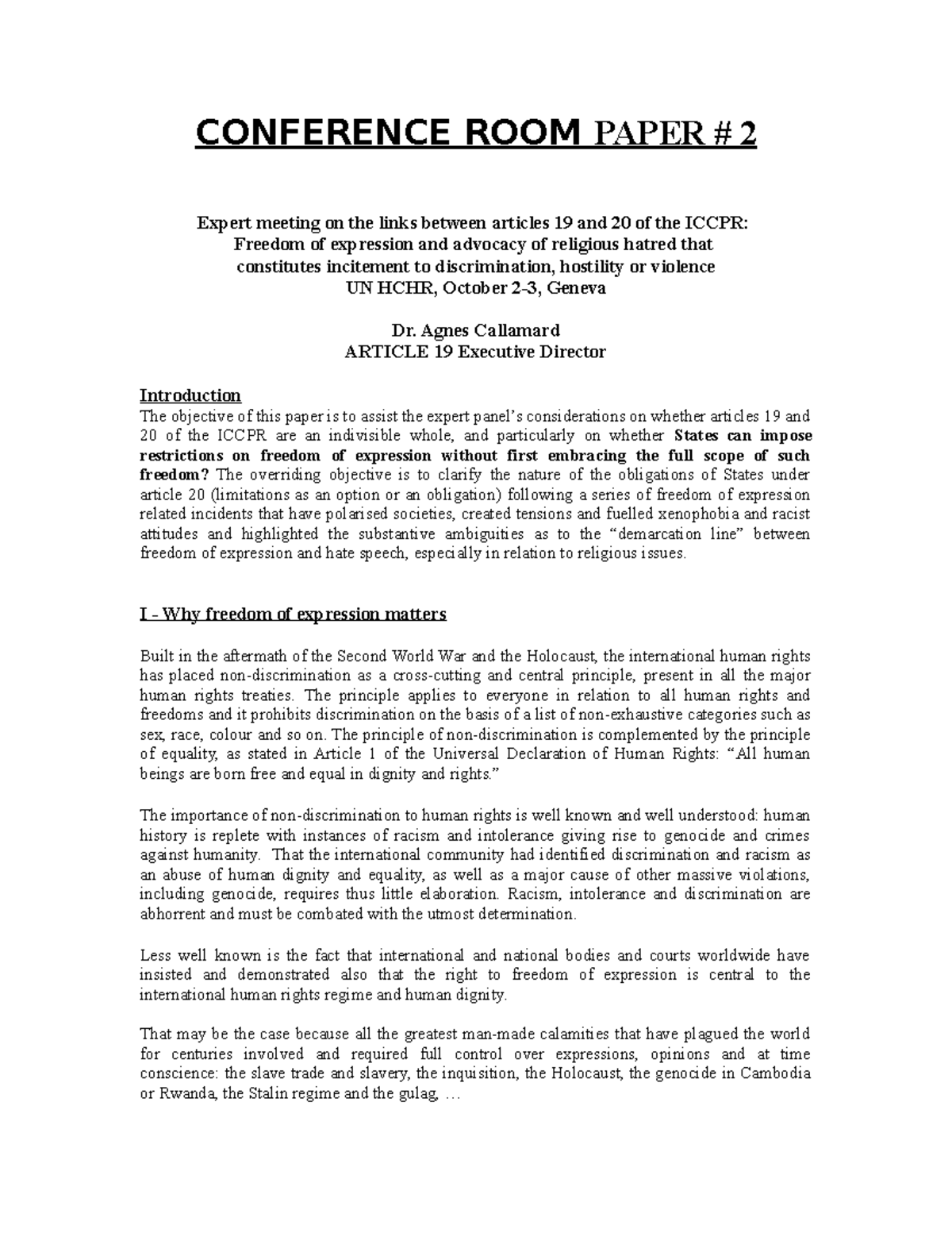 freedom of expression and hate speech - CONFERENCE ROOM PAPER # 2 ...