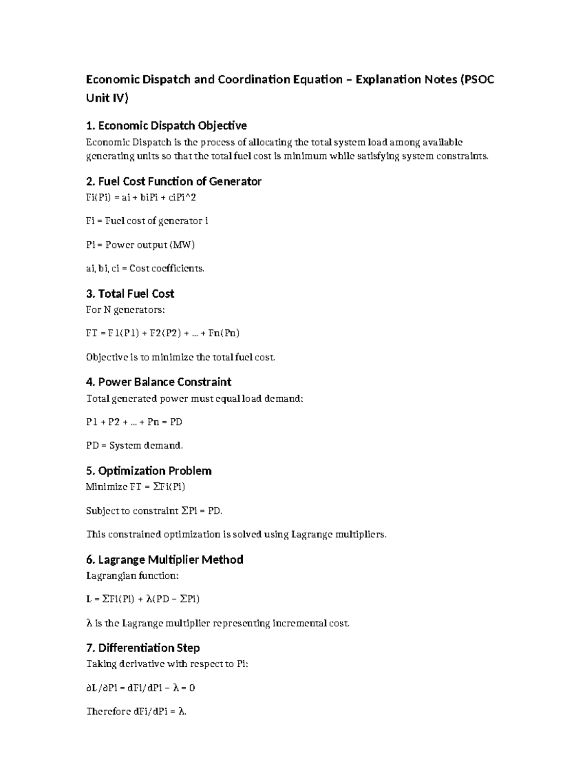 Economic Dispatch Notes (PSOC Unit IV) - Fuel Cost & Optimization - Studocu