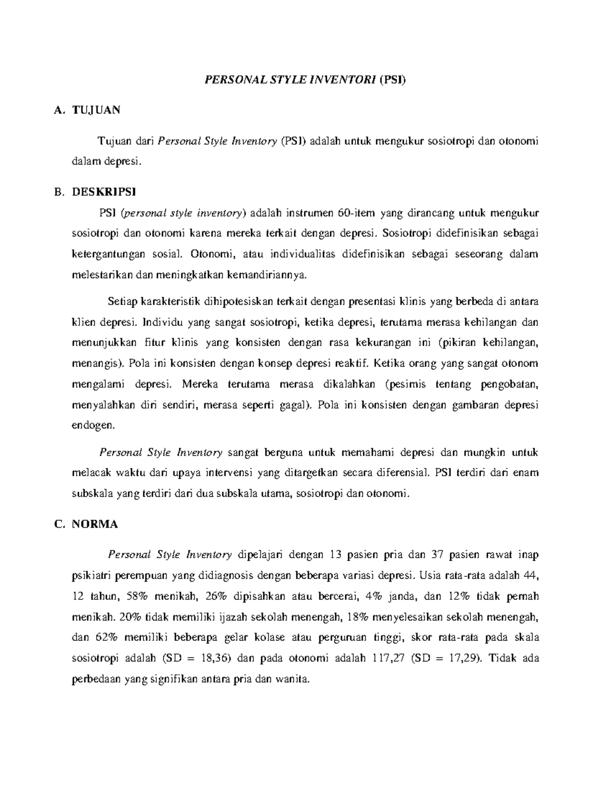 Personal Style Inventory (PSI) 12: An Analysis of Sociotropy and ...