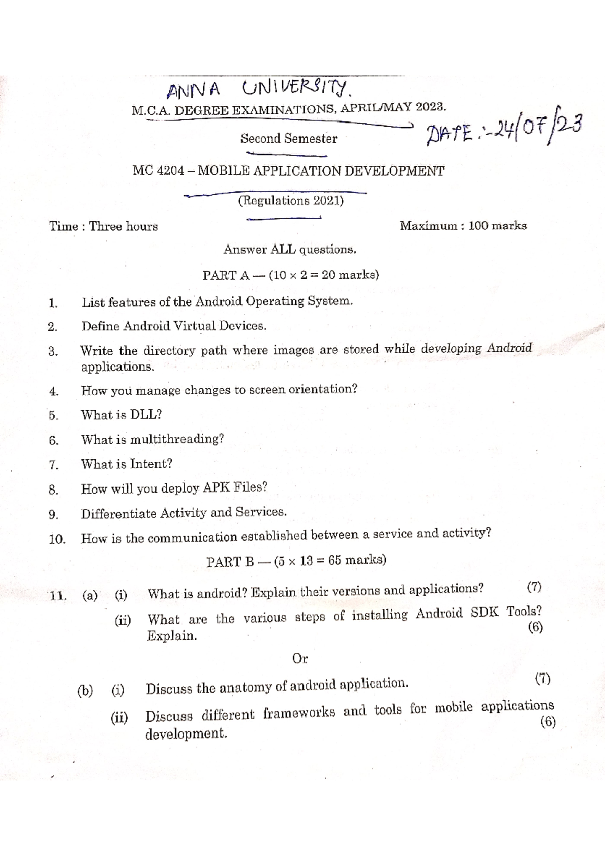 MC 4204 Mobile Application Development May 2023 Question Paper - Studocu