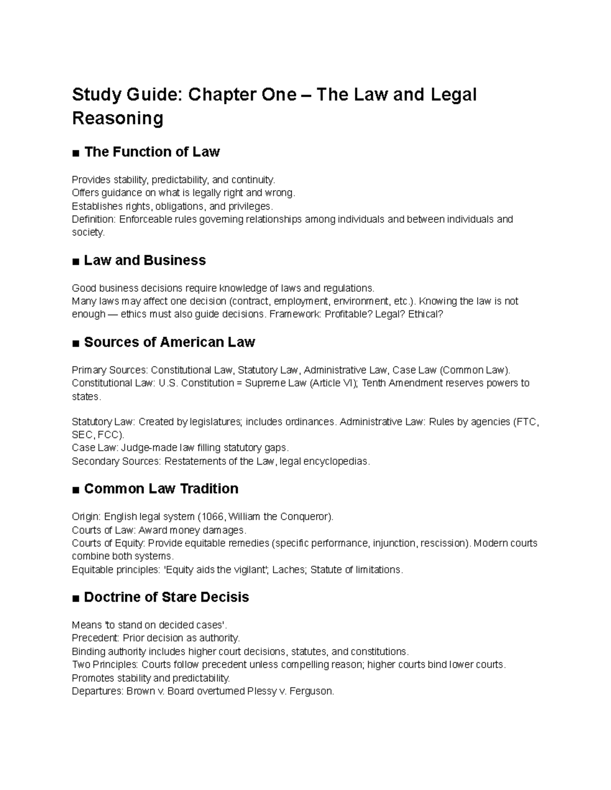 Study Guide 1 Chapter 1 The Law And Legal Reasoning Studocu