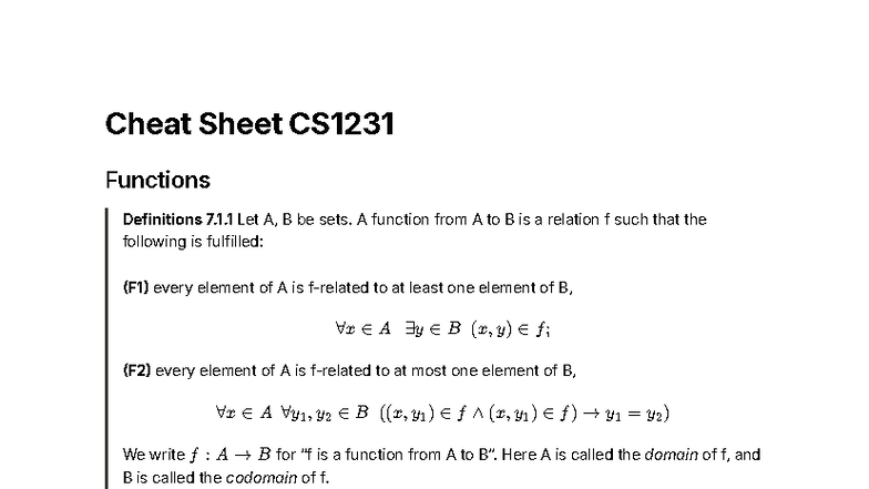 Cheat Sheet CS1231 Functions and Cardinality Concepts - Studocu